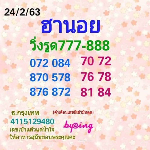 หวยฮานอย 24/2/63 ชุดที่22